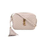 Bone leather quilted crossbody bag with YSL logo and tassel pull, top zip closure