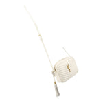 Bone crossbody mini bag with long strap, YSL logo, and tassel detail