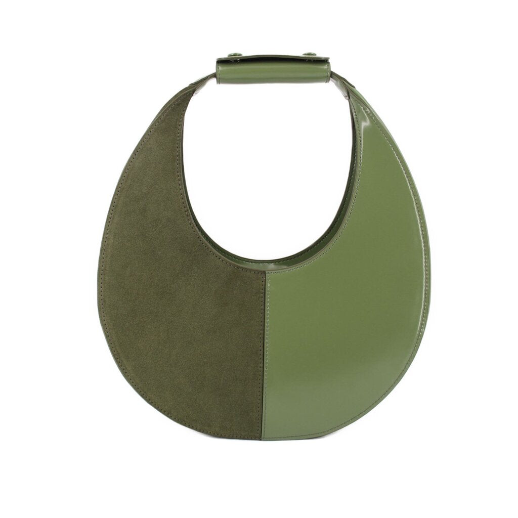 Green split moon shoulder bag with open top and short top handle