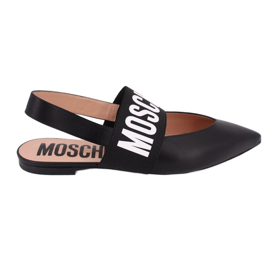 Black slingback ballerina flats with wide logo strap and pointed toe