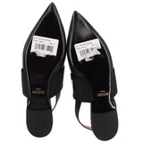 Black slingback ballerina flats, back view with branded insole and heel