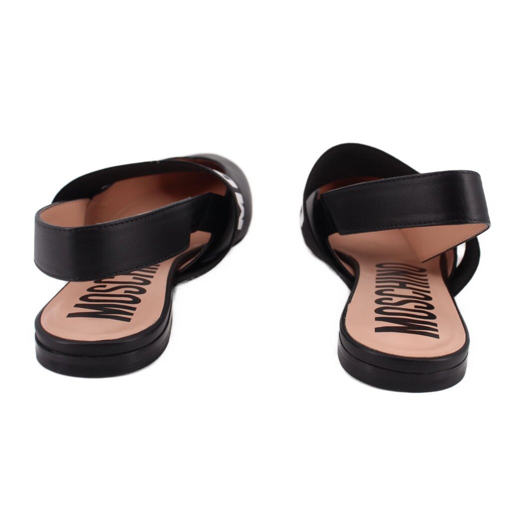 Black MOSCHINO slingback ballerina flats, side view with logo strap and flat sole