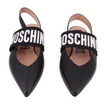 Pair of black MOSCHINO slingback ballerina flats with logo strap and pointed toes