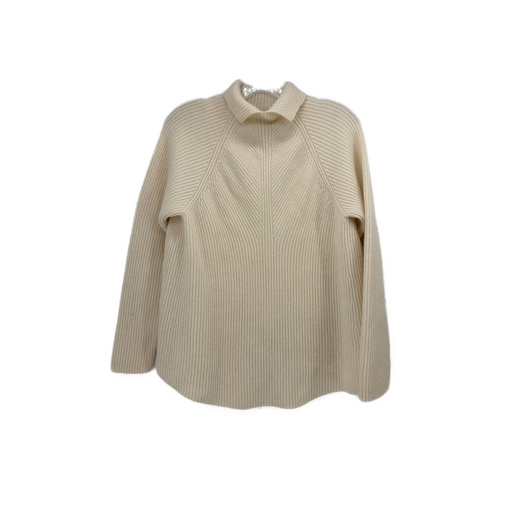 Cream cashmere pullover with ribbed mock neck and side pockets