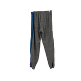 Gray jogger pants with elastic waist and tapered legs, blue side stripe