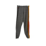 Gray jogger pants with elastic waist and tapered legs, orange side stripe