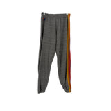 Gray jogger pants with elastic waist and tapered legs, orange side stripe