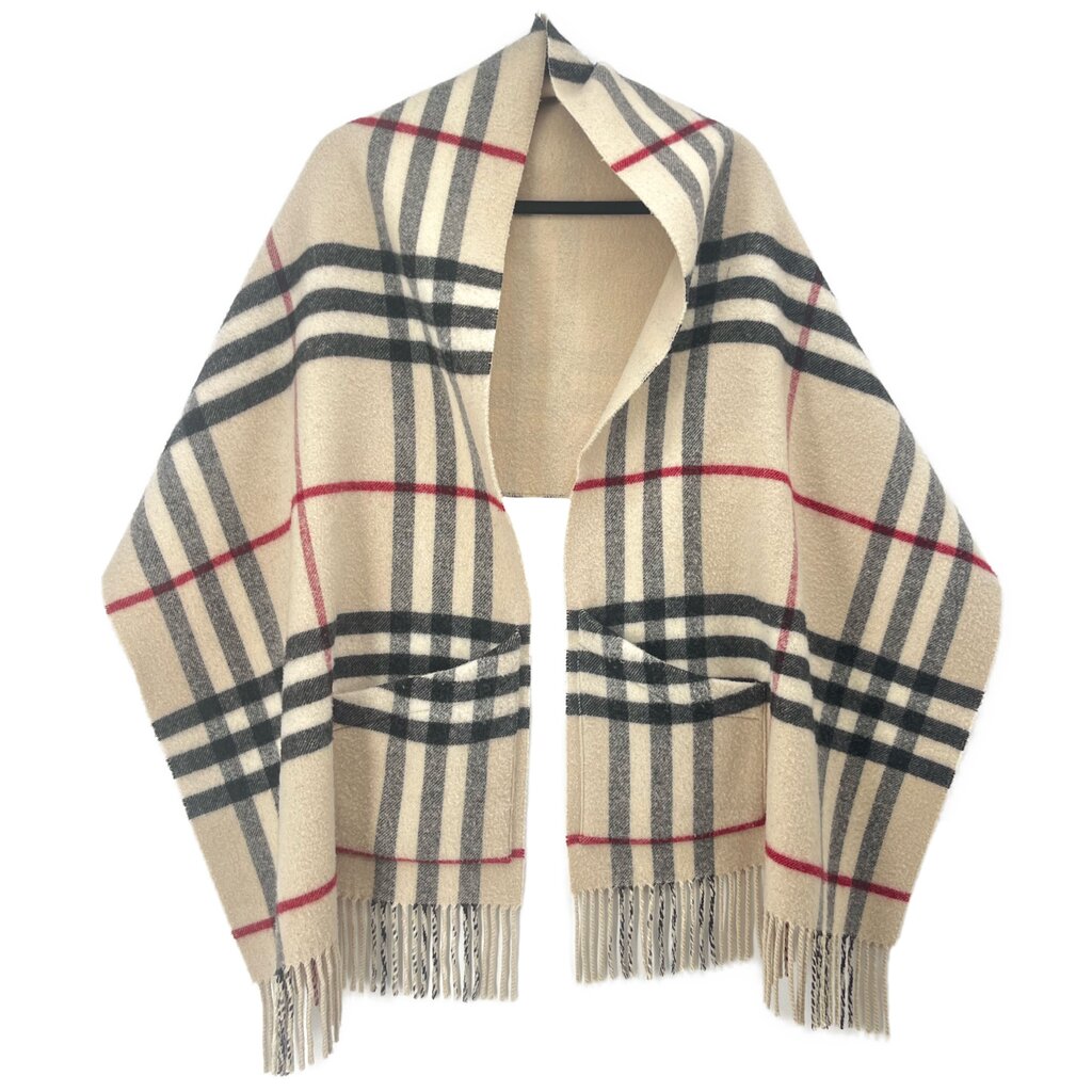 BURBERRY reversible scarf, cream base with navy and red plaid, fringed ends