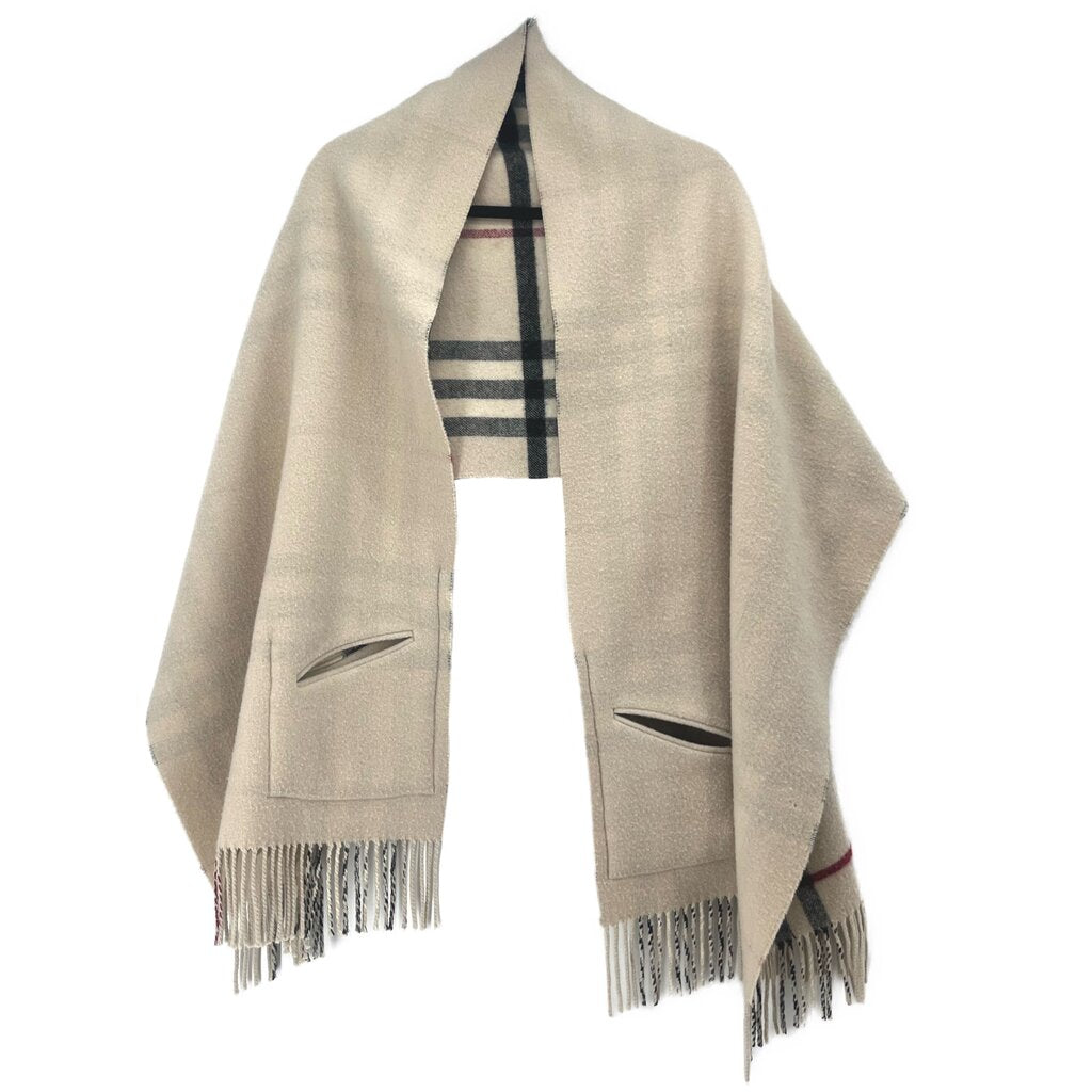 BURBERRY reversible scarf, solid cream side with stitched openings and fringed ends