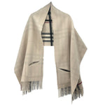 BURBERRY reversible scarf, solid cream side with stitched openings and fringed ends