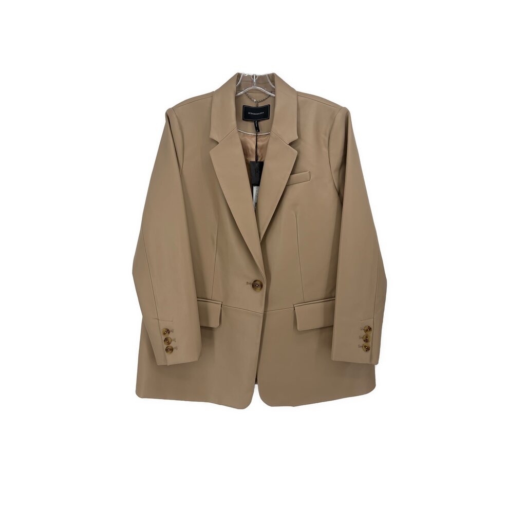 BCBG tan vegan blazer with notched lapels, two front pockets, single button