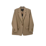 BCBG tan vegan blazer with notched lapels, two front pockets, single button