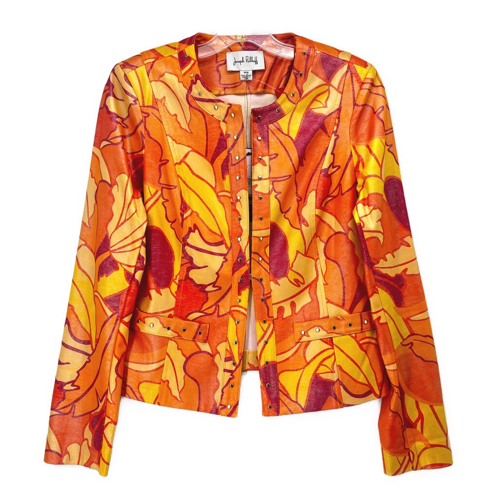 Orange abstract print button-front jacket, long sleeves with stand collar.