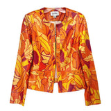 Printed orange jacket with button front, abstract yellow and purple pattern, long sleeves