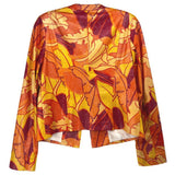 Printed orange jacket with abstract yellow and purple pattern, long sleeves, back view