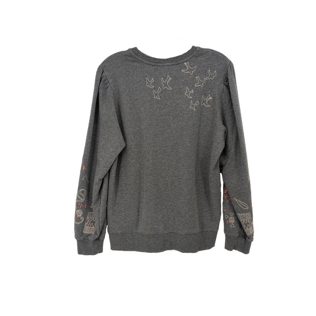Gray embroidered sweatshirt with small bird motifs and sleeve accents