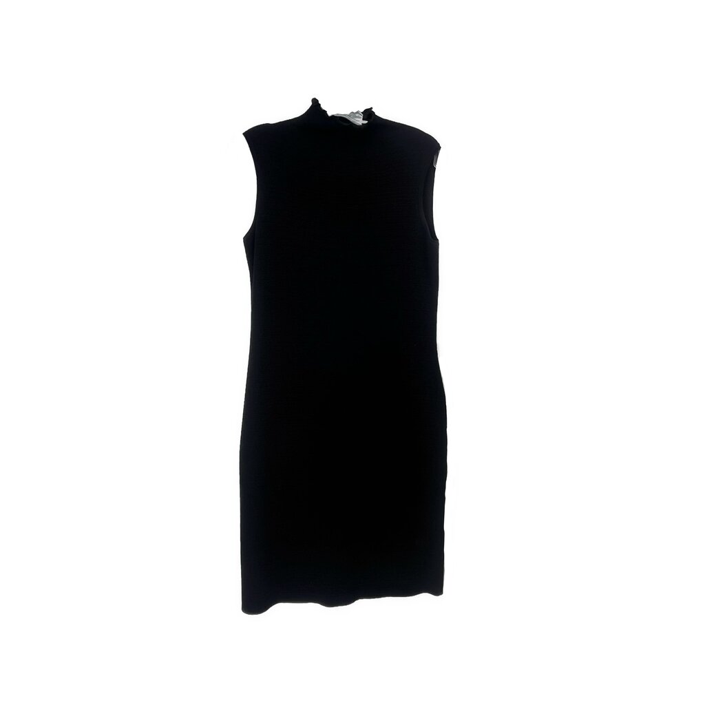Black sleeveless sheath dress with high neckline and straight fit