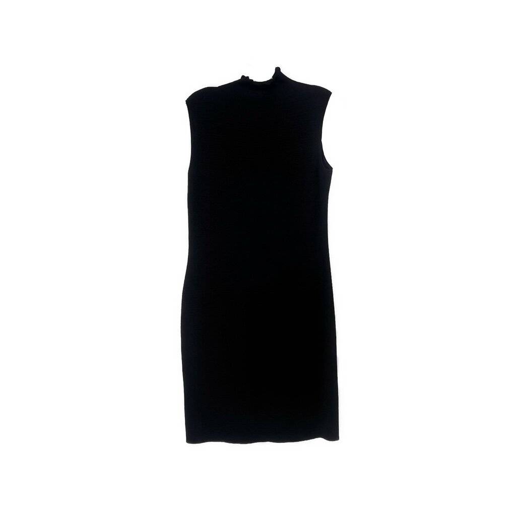 Black sleeveless dress with high neckline, straight hem