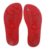 Red flip-flop outsoles with embossed signature lettering