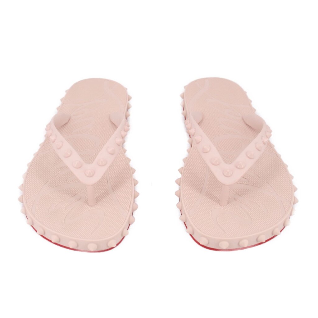 Blush flip-flop sandals showing two uppers with thong straps and studded soles