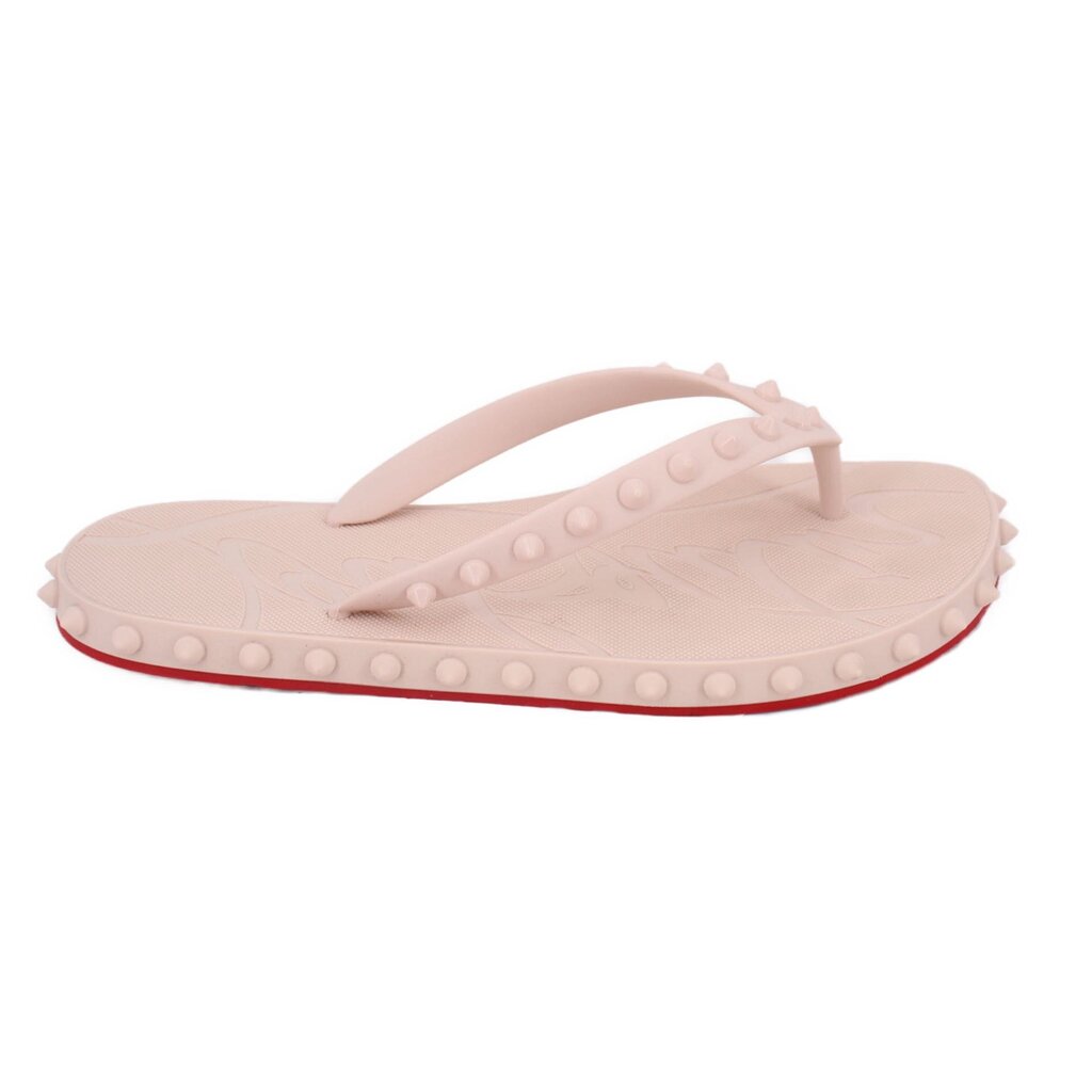 Blush flip-flop sandals with arch toe strap and red-trim studded outsole