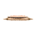 Natural woven basket clutch shown from the side with stitched trim