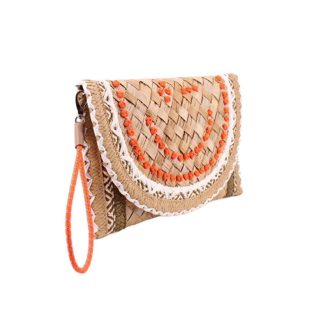 Natural woven clutch with scalloped white trim, orange pom accents, wrist strap