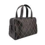 Black quilted handbag with two top handles and gold diamond stitching, side view