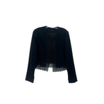 Black cardigan top with open front and lace hem trim, long sleeves
