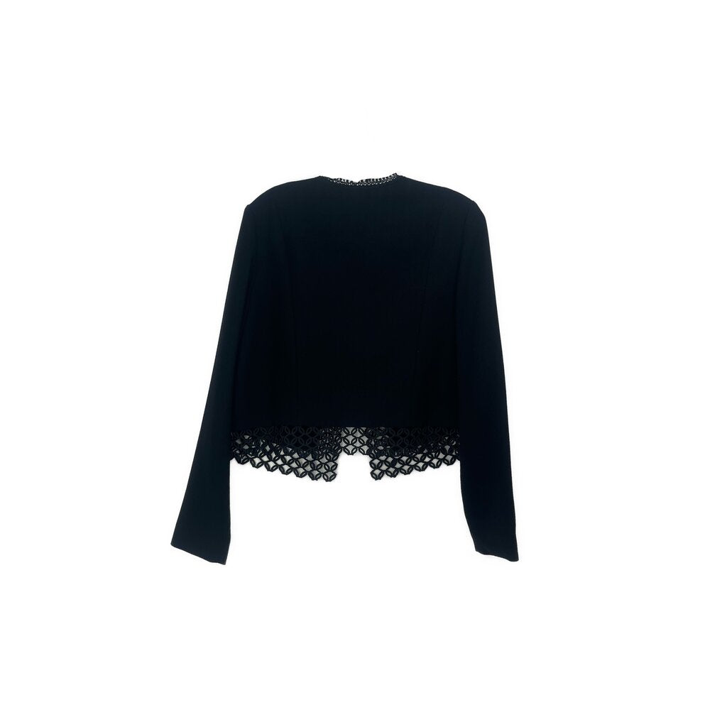 Black cardigan top with lace scalloped hem, long sleeves