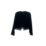 Black cardigan top with lace scalloped hem, long sleeves