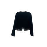Black cardigan top with lace scalloped hem, long sleeves