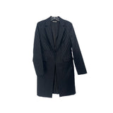 Black printed long blazer with notch lapels and two front pockets