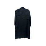 Dark print long jacket back view with curved hem