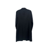 Dark print long jacket back view with curved hem