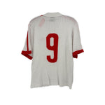 White jersey top back with large red number 9 and red striped sleeve trim