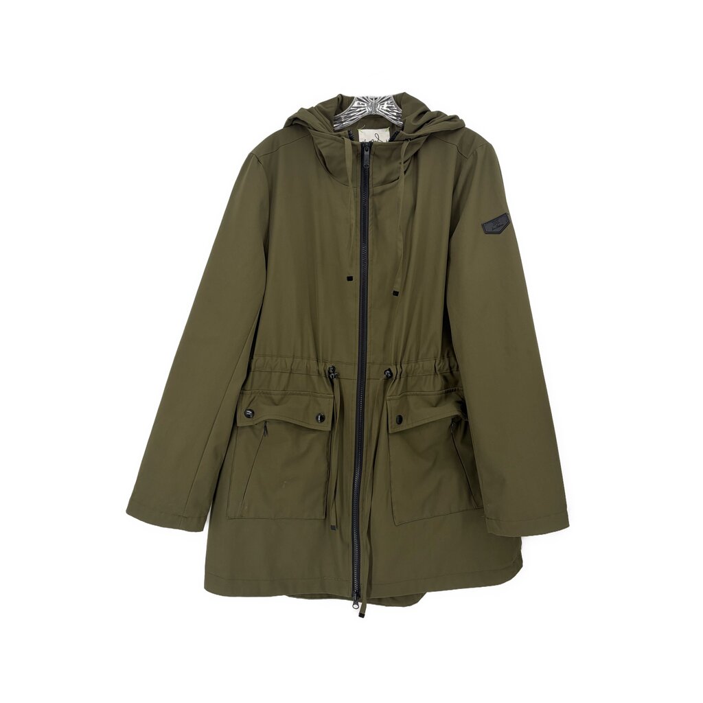 Green utility jacket with hood, full-zip front and flap pockets, drawstring waist