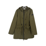 Green utility jacket with hood, full-zip front and flap pockets, drawstring waist