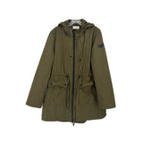 Green utility jacket with hood, full-zip front and flap pockets, drawstring waist