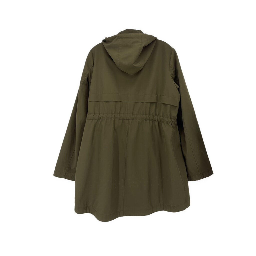 Green hooded utility jacket, back view, gathered waist seam and A-line hem