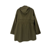 Green hooded utility jacket, back view, gathered waist seam and A-line hem
