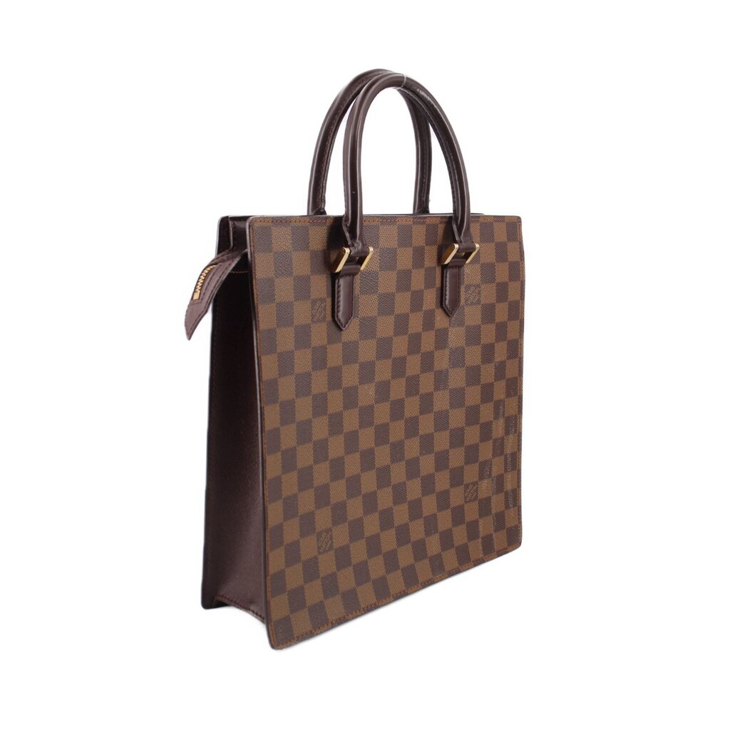 Louis Vuitton Damier Ebene tote bag angled view with zipper pocket detail