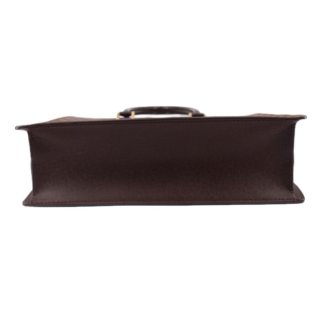 Louis Vuitton Damier Ebene tote bag bottom view with brown leather trim