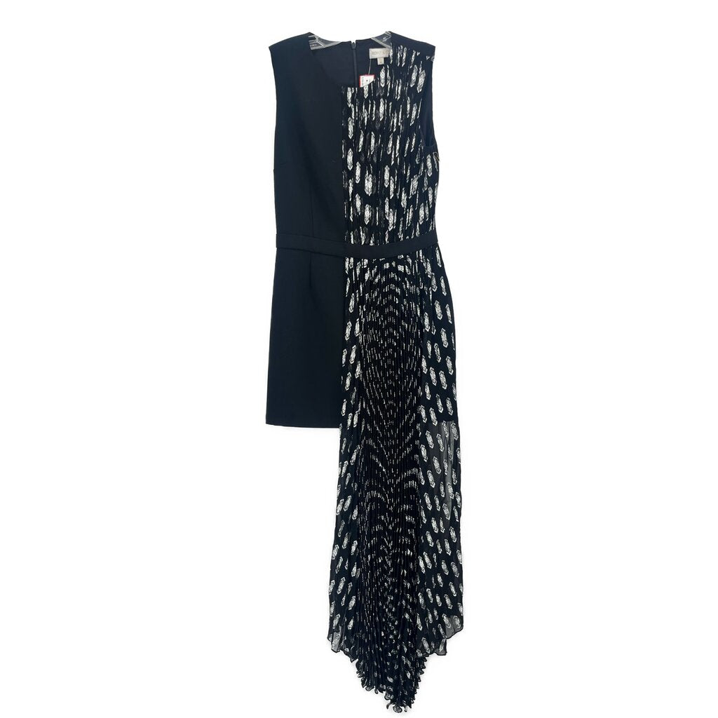 Black sleeveless pleated dress with textured front panel and asymmetrical hem