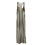 Gold metallic sleeveless maxi dress, open-back cutout racerback