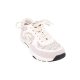 CHANEL cloth sneakers, white/grey speckled knit, lace-up with logo patch and cushioned sole