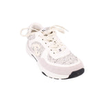 CHANEL cloth sneakers with speckled knit, logo on side, white laces, dark rubber sole
