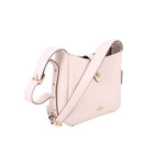 Cream leather crossbody bag with D-ring strap and gold-tone hardware, side profile view.