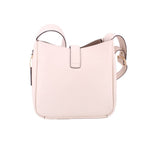Cream leather crossbody bag with snap-top opening and front logo patch, front view.