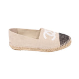 CHANEL tan canvas espadrille flats with white CC logo and dark side panel